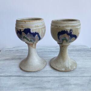 Vintage | 1970s Handcrafted Stoneware Pottery Large Goblet Set Tall Art Artisan